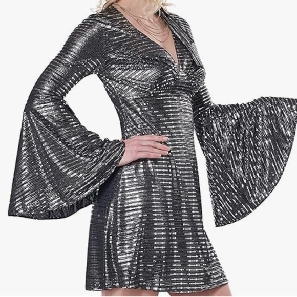 Vintage-Inspired 70s Shiny Disco Party Dress Costume  Sz L - Picture 2 of 4